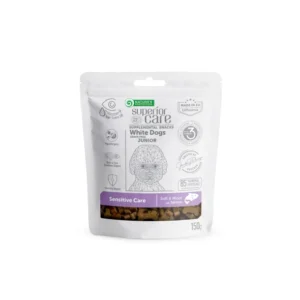 Nature's Protection Superior care White Dogs Grain Free Sensitive Care with Salmon Junior Alle raser, komplementært kornfritt fôr – snacks for sensitiv pleie med laks for junior hunder av alle raser med hvit pels, 150 g