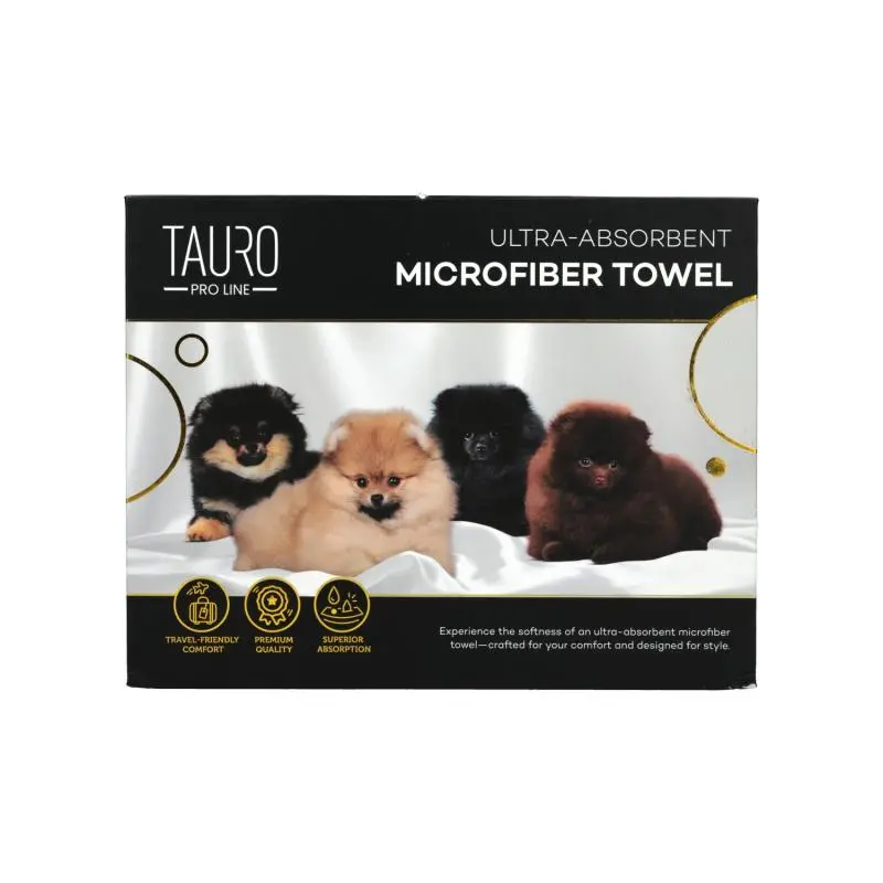 Tauro Pro Line mikrofiberhåndkle med pomeranian-spisshunder, høy absorberingsevne, 80 x 160 cm