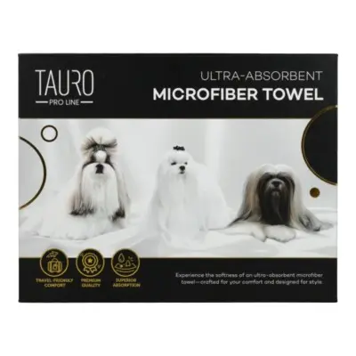 TAURO PRO LINE mikrofiberhåndkle med malteser, shih tzu og lhasa apso, høy absorberingsevne, 80 x 160 cm
