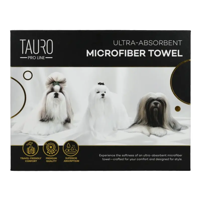 TAURO PRO LINE mikrofiberhåndkle med malteser, shih tzu og lhasa apso, høy absorberingsevne, 80 x 160 cm