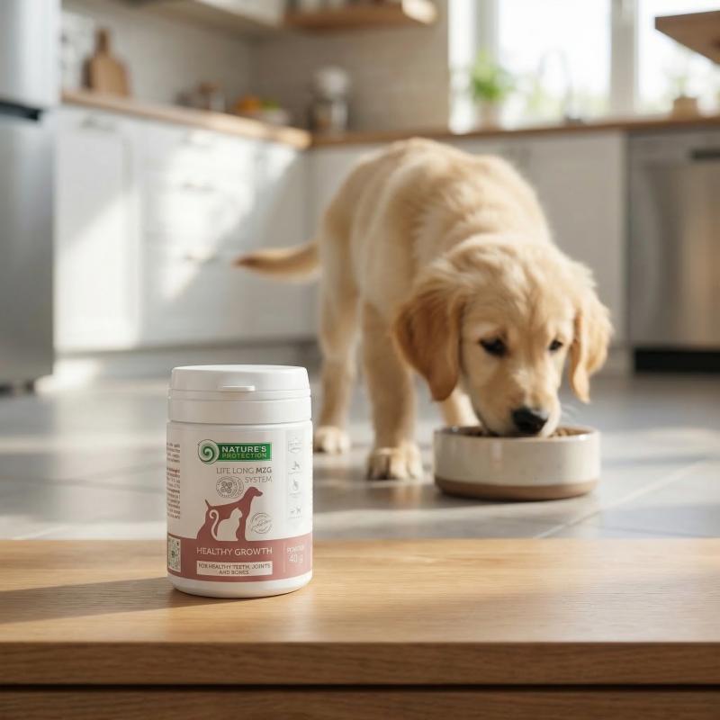 Golden retriever-valp spiser fra skålen sin på kjøkkenet