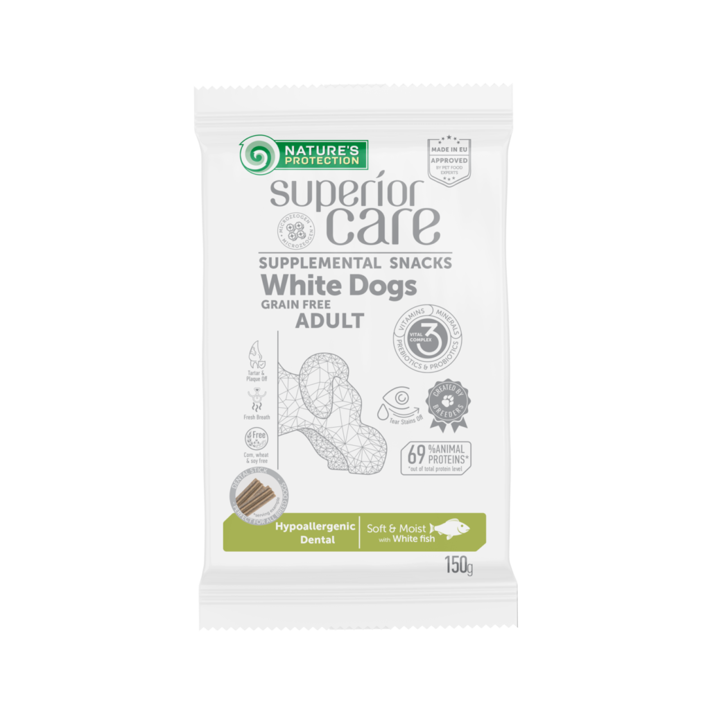 Nature’s Protection Superior Care White Dogs hypoallergen tannpleiesnacks med hvit fisk til voksne hunder, 150 g