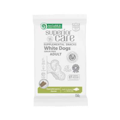 Nature’s Protection Superior Care White Dogs hypoallergen tannpleiesnacks med hvit fisk til voksne hunder, 150 g